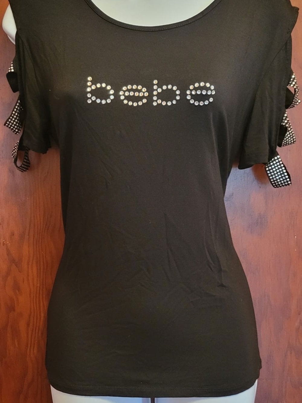 bebe Black Rhinestone Logo Cold-Shoulder Tee with Studded Bows